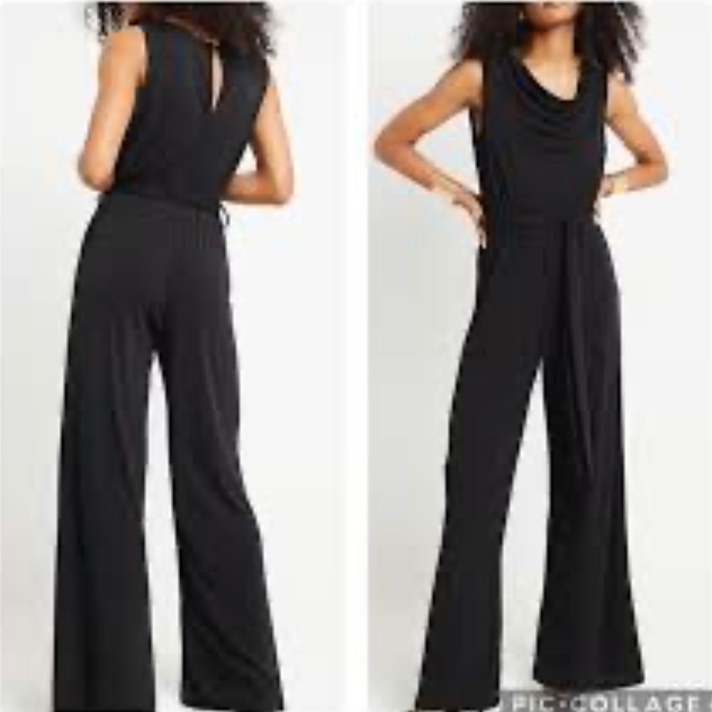 Marina Black Cowl Neck Wide Leg Jumpsuit Sleeveless Tie Waist Size L Made in USA